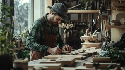 A person wearing a hat works on a piece of wood
