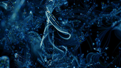 Abstract jellyfish with blue light trails in deep sea with glowing particles. Overlay background wallpaper. Luxury Texture Design. Stylish fashion backdrop. 