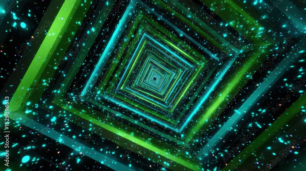 Poster vibrant shapes in shades of green and blue create a mesmerizing tunnel effect, with glowing particle