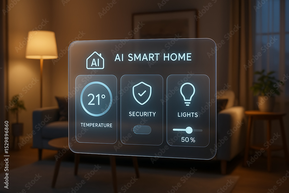 Poster futuristic smart home interface with ai control over temperature security and lights on a digital ho