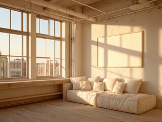 Obraz premium Sunlit loft space with a large blank picture frame.