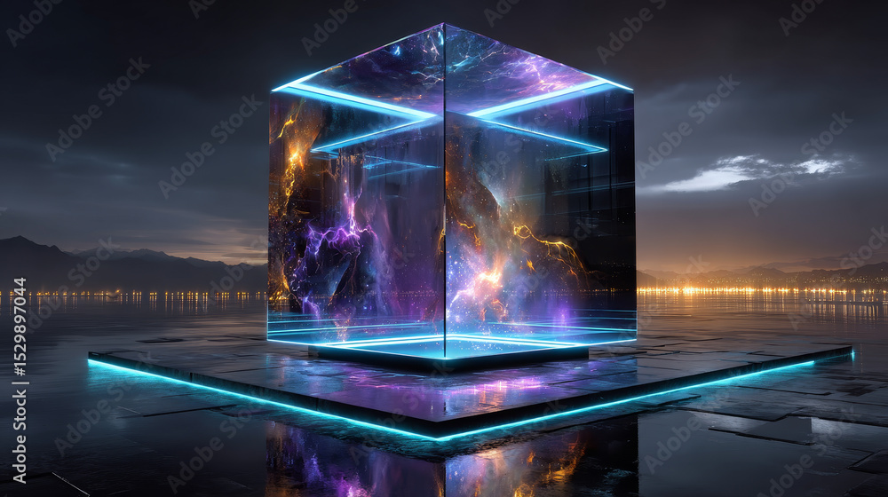 Poster 3d render, abstract neon background with cube box. geometric object glowing in ultraviolet light