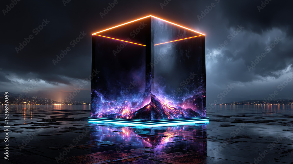 Poster 3d render, abstract neon background with cube box. geometric object glowing in ultraviolet light
