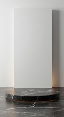 Empty white rectangular display space on a black marble podium. Minimalist stage providing a high-contrast, elegant presentation. Perfect for gallery, art, or luxury product showcases.