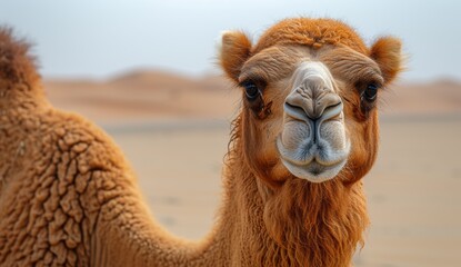 Obraz premium A calm and curious camel gazes directly at the viewer, showcasing its unique features against the warm tones of the surrounding desert landscape.