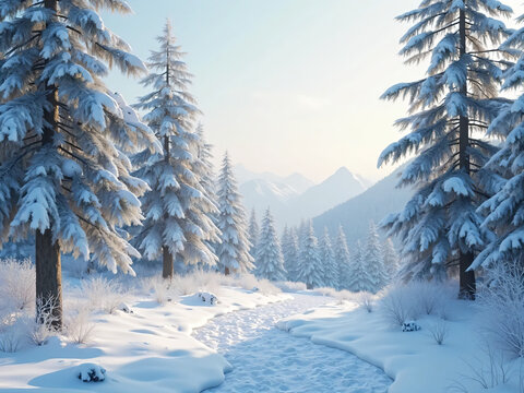 "Snow-covered alpine forest with pine trees and soft morning light"