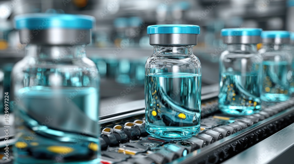 Poster vials containing a clear blue liquid are seen advancing on a conveyor belt in a high-tech laboratory