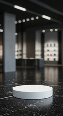 White podium on a black marble floor in a blurred modern showroom or store. Commercial stage offering a realistic, sophisticated display. Perfect for retail or high-end brand themes.