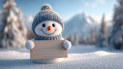 A cheerful snowman with a knitted hat and gloves stands in a snowy field, holding a wooden sign. The backdrop features majestic mountains and evergreen trees under a clear blue sky.