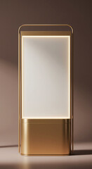 Mockup of a vertical light box with a blank white display on a gold pedestal. Luxurious stage offering a sophisticated, premium presentation. Perfect for awards, gallery, or high-end themes.