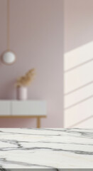 White marble surface with a vase and plant against a pink wall with window shadow. Natural stage offering a bright, realistic presentation. Perfect for beauty, wellness, or home decor.