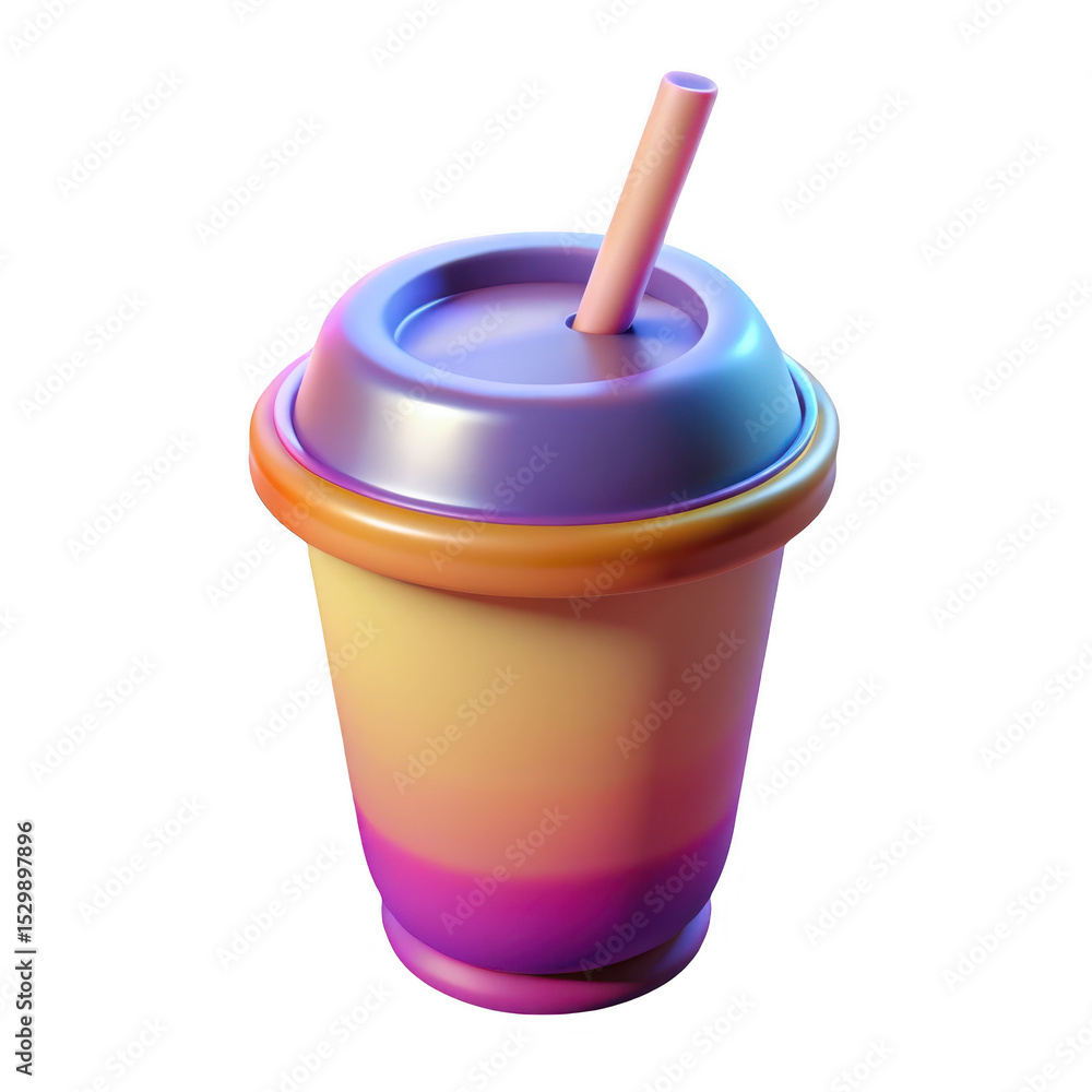 Poster 3d render of colorful gradient drink cup with straw isolated on transparent background