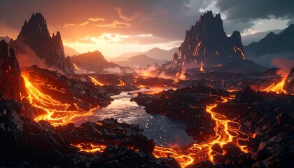 Volcanic landscape with lava flow and mountains background digital art illustration for wallpaper and print 100 generative ai 