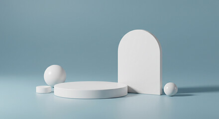 White podium with an arch backdrop and spheres on a light blue background. Minimalist stage providing a clean, playful presentation. Perfect for baby products or cosmetic themes.