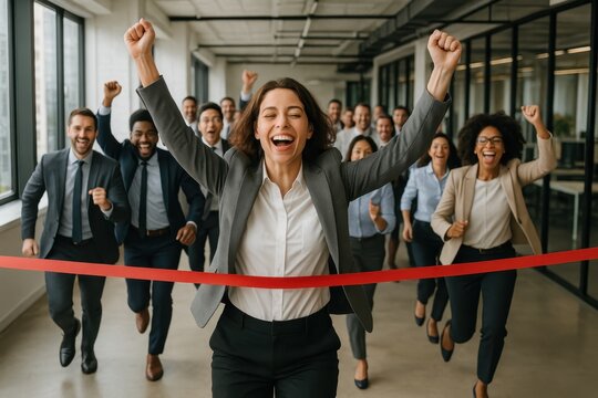Excited Diverse Business Team Celebrating Victory in an Office Obstacle Course Race Woman Triumphantly Crosses Finish Line AI Art