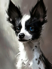 Black and White  Dog Ilustration with a Blue Eye and a Brown Eye on a Neutral  Background