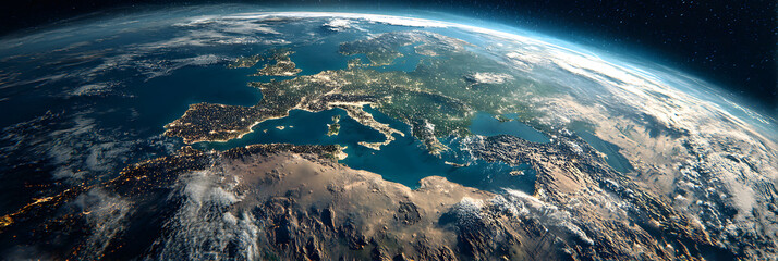Celebrating Europe day with a stunning view of earth from space highlighting european continent. Horizontal banner. Copy space.