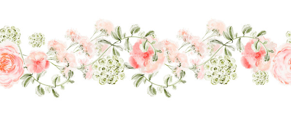 Watercolor seamless border with pink roses, peonies, dwarf roses and eucalyptus. Hand painted floral design for wedding, print, and decoration. Botanical pattern for summer, garden and texture.
