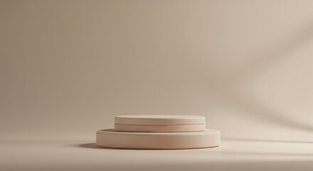 Beige tiered podium on a matching light beige background with window shadow. Natural stage offering a warm, minimalist presentation. Perfect for cosmetic or sophisticated products.