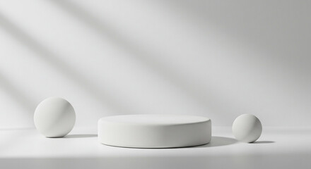 White podium with spheres on a white background with strong window light and shadows. Minimalist stage creating a bright, natural display. Perfect for beauty or wellness themes.