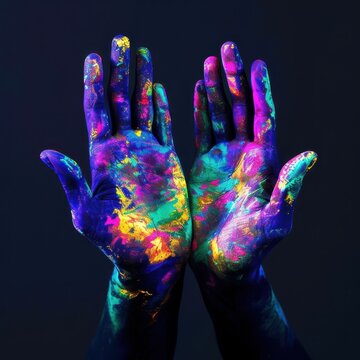 A visually stunning image featuring hands covered in vibrant neon paint, creating a mesmerizing dance of color against a pitch-black background. The play of light and shadow draws inspiration