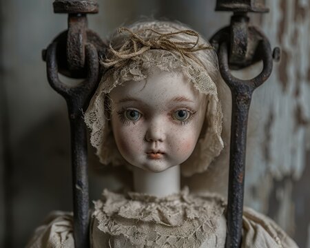 A visually stunning image of an elegant porcelain doll delicately held in a strong, industrial vice grip, challenging perceptions of fragility and resilience. The doll's eyes convey a haunting 