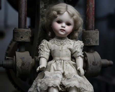 A visually stunning image of an elegant porcelain doll delicately held in a strong, industrial vice grip, challenging perceptions of fragility and resilience. The doll's eyes convey a haunting 