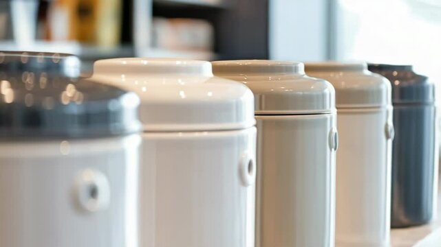Row of chemical canisters on a modern workbench, ideal for science or laboratory settings.
