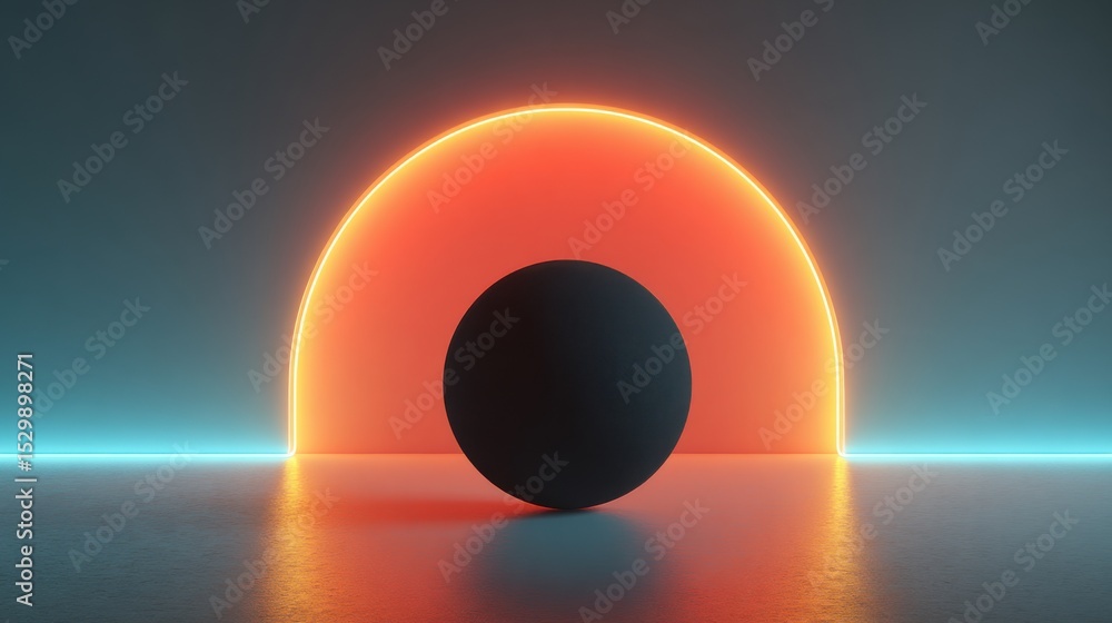 Aufkleber a spherical object occupies the foreground while a vibrant semi-circle emits bright hues in the back