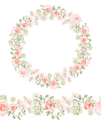 Watercolor floral set with wreath and seamless border. Includes pink roses, peonies, leaves. Botanical elements for cards, invitations, wedding, greeting, summer and garden design.