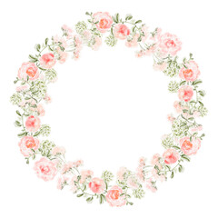 Watercolor floral wreath with pink peonies, garden roses and leaves. Circle frame for greeting card, wedding invitation or decorative design. Isolated botanical illustration on white.