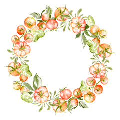 Watercolor illustration of a round tomato wreath frame with basil and cherry tomatoes. Hand drawn food design with leaves. Perfect for harvest, vegetable garden, and cooking themes.