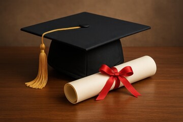 Graduate student celebration with mortarboard cap and diploma scroll tied with ribbon in academic achievement moment