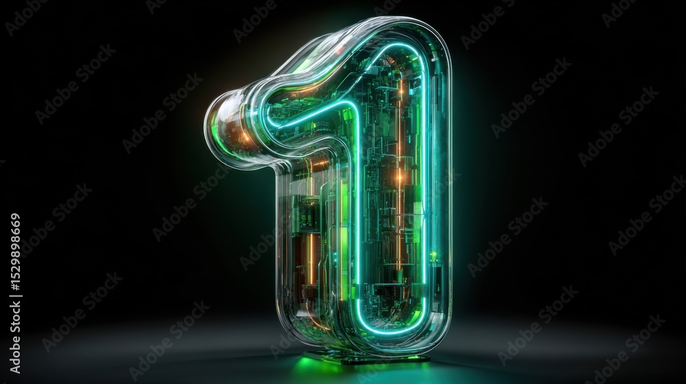 Poster a digital representation of the number one features a translucent design with glowing accents.