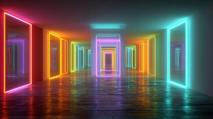This vibrant corridor features walls lined with colorful neon lights, creating an immersive experience. The reflections enhance the artistic atmosphere, captivating visitors at night.