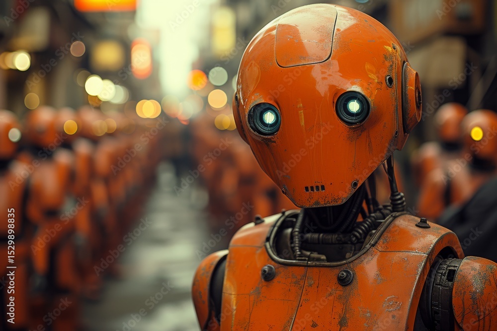Aufkleber an orange robot gazes forward in a bustling urban environment filled with identical robots, explorin