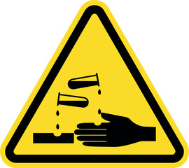 Chemical hazard corrosive warning sign. Black on yellow background. Safety signs and symbols.