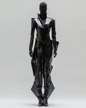 A Vorticist-inspired fashion design featuring angular silhouettes and geometric patterning. The garment is constructed from sleek, modern fabrics such as silk and leather, with sharp lines 