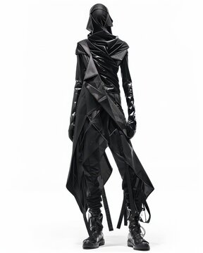 A Vorticist-inspired fashion design featuring angular silhouettes and geometric patterning. The garment is constructed from sleek, modern fabrics such as silk and leather, with sharp lines 