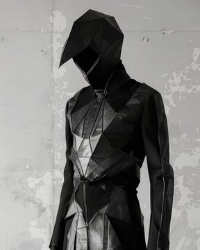 A Vorticist-inspired fashion design featuring angular silhouettes and geometric patterning. The garment is constructed from sleek, modern fabrics such as silk and leather, with sharp lines 
