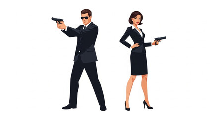 Cartoon Secret Agent Man and Woman with Handgun Vector Illustration Set