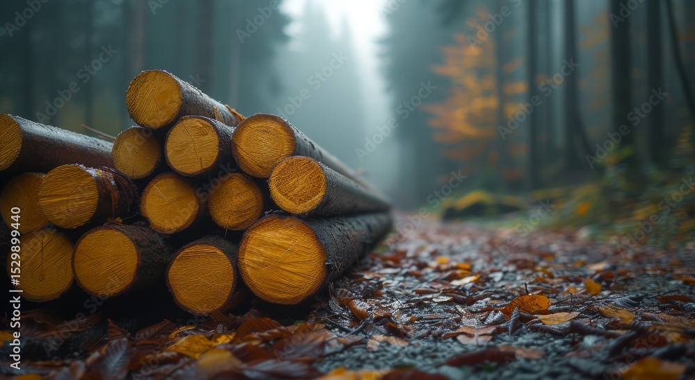Poster a tranquil scene of neatly stacked timber logs rests on a damp forest path, surrounded by mist and a