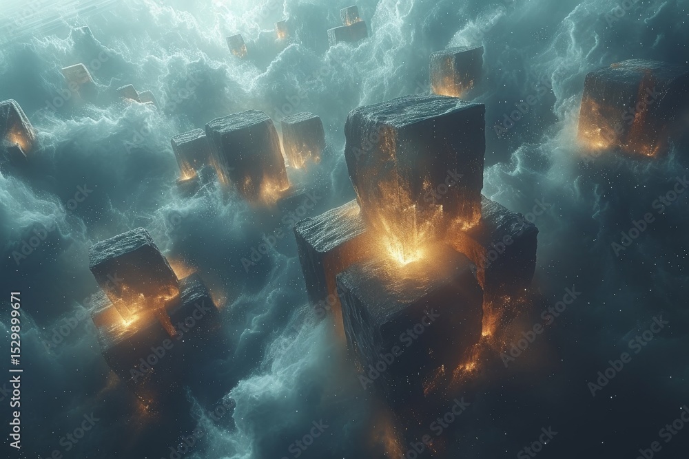 Poster an ethereal landscape depicts mystical floating blocks among clouds, creating a surreal atmosphere t