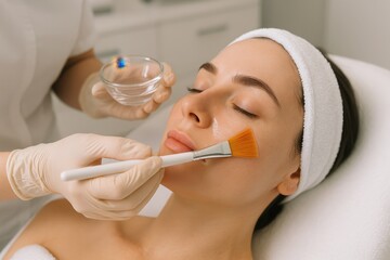 Professional Dermatologist or Esthetician Applying a Chemical Peel Treatment to a Client's Face in a Modern Spa Clinic