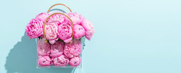 Pink peonies in a clear bag display artistic floral arrangement against a light blue background