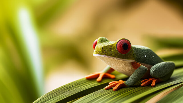Origami paper frog resting on a sheet of paper jungle background, magical forest atmosphere, 3D model concept for tropical forest ecology poster