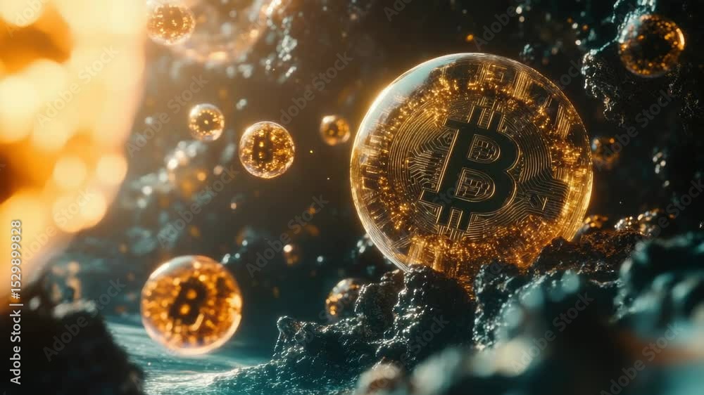 Poster a digital currency floating in mid-air surrounded by colorful bubbles, perfect for financial or tech