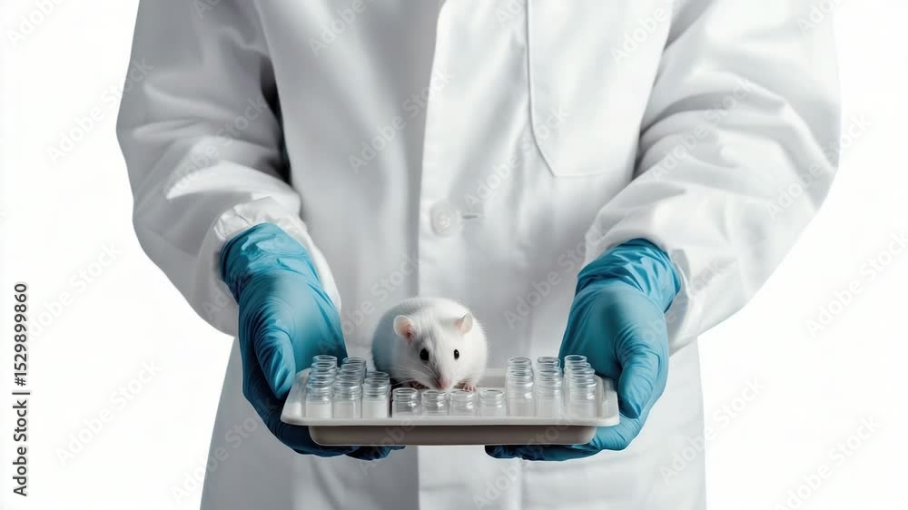 Poster A scientist in a lab coat holds a mouse, often used for research and testing