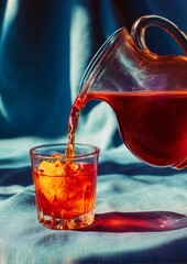 Refreshing beverage poured over ice in a glass with vibrant hues at a cozy setting during daytime