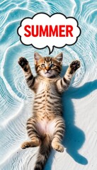 A cute kitten is lying on the beach near the water, with the words "Summer" written above his head.